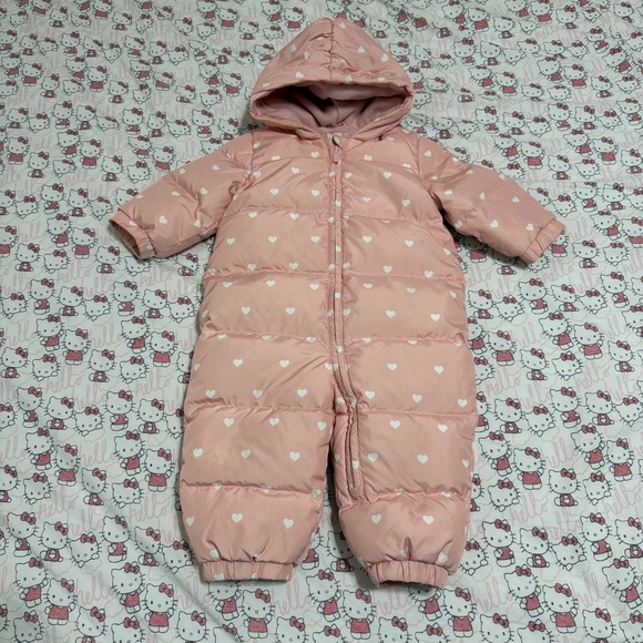 GAP Other - Gap Baby Full Body Snowsuit snow suit winter with hood 12-18M pink white hearts